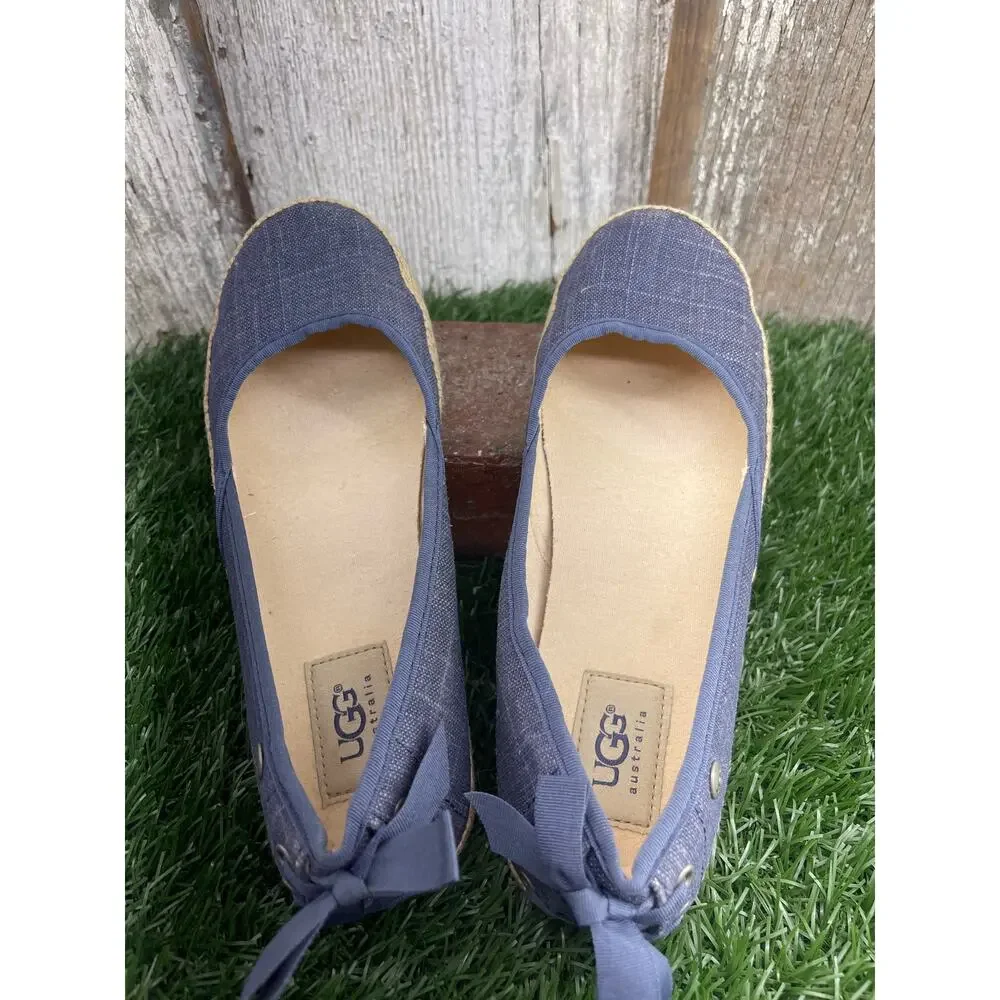 UGG Australia Indah Denim Canvas Espadrille Ballet Flats Ribbon Corset Women's 6
